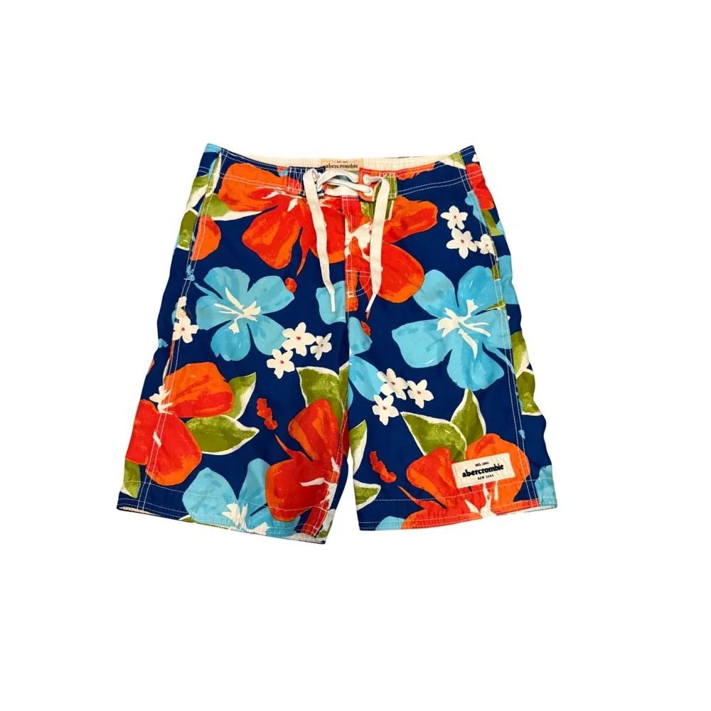 Abercrombie Kids Boys XL Blue Orange Hibiscus Floral Swim Trunks Board Shorts